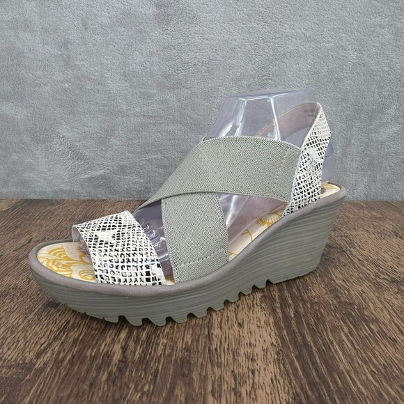 Fly London Yaji Wedges Sandals 38 7 Grey Cream Snakeskin Cross Strappy Leather - Picture 1 of 14